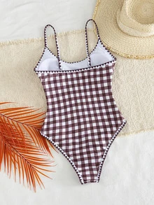 SHEIN Swim 春夏新款歐美風一件式性感高衩紅色幸運魚印花撞色細肩帶貝殼飾邊聚攏胸雙肩帶泳衣，適合女性與女孩，甜美清新顯瘦，適用溫泉、海灘、度假、生日派對 - 彩色 - 查看 2