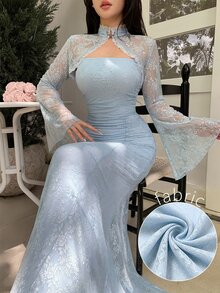 Modelyn Lady's Two-Piece Regular New Style Lace Shawl Top And Matching Lace Fitted Dress With Metal Button Decoration On The Trumpet Sleeves - Blue - View 6