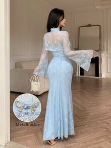 Modelyn Lady's Two-Piece Regular New Style Lace Shawl Top And Matching Lace Fitted Dress With Metal Button Decoration On The Trumpet Sleeves - Blue - View 3