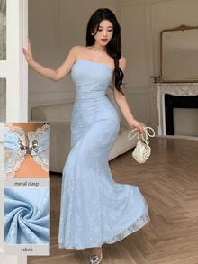 Modelyn Lady's Two-Piece Regular New Style Lace Shawl Top And Matching Lace Fitted Dress With Metal Button Decoration On The Trumpet Sleeves - Blue - View 7