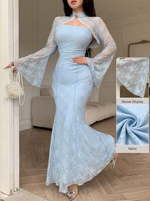 Modelyn Lady's Two-Piece Regular New Style Lace Shawl Top And Matching Lace Fitted Dress With Metal Button Decoration On The Trumpet Sleeves - Blue - View 5
