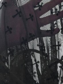 EgrlEra 女款萬聖節秋季暗黑風十字植絨網紗長袖上衣，彈性透視修身小眾辣妹內搭，黑色夜店外出穿搭 - 黑色 - 查看 7