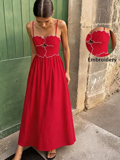 Travachic Women's Hollow Design Curved Hem Spaghetti Strap Elegant Vacation Dress