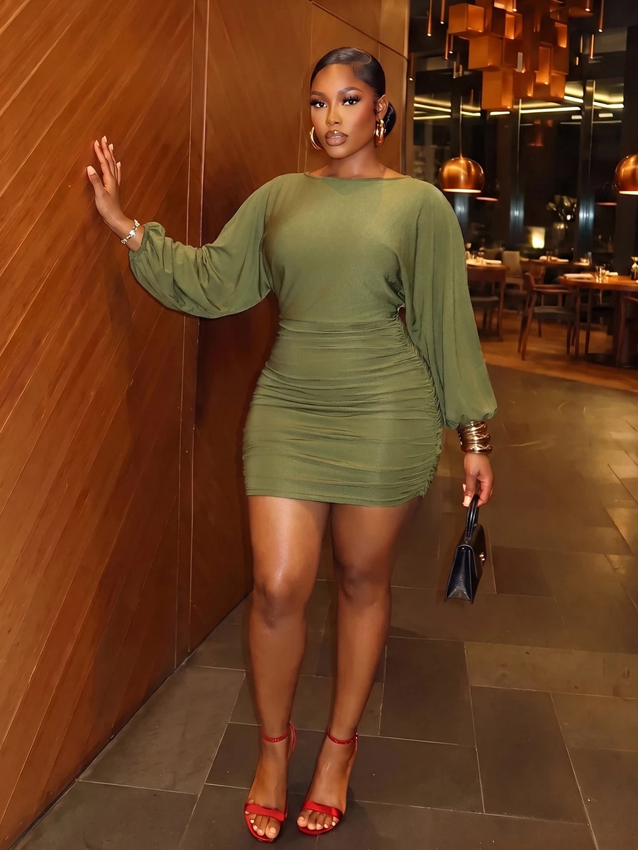 Slaydiva Women's Army Green Batwing Sleeve Backless Ruffled Bodycon Mini Dress - Sexy Party/Nightclub Outfit-