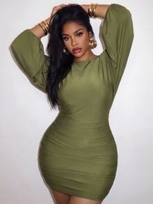 Slaydiva Women's Army Green Batwing Sleeve Backless Ruffled Bodycon Mini Dress - Sexy Party/Nightclub Outfit- - Army Green - View 7