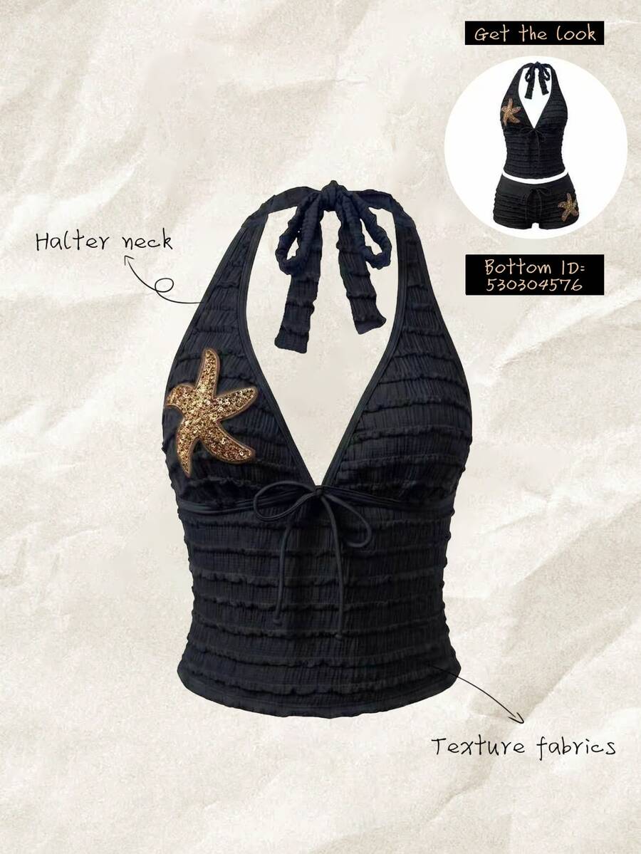 Elavelle Women's Summer/Fall Jacquard Textured Fabric Elegant Tankini Top With Brown Sequin Starfish Accessories Beachwear Party - Multicolor - View 1