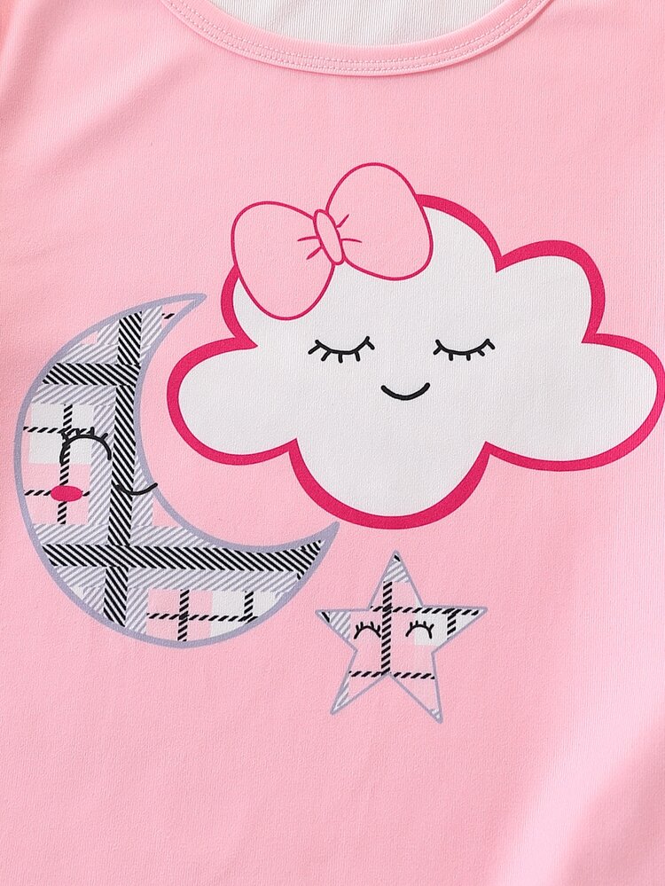 2pcs/Set Tween Girl Solid Pink Cloud, Moon, Star & Print Short Sleeve Top And Plaid Leggings Pajama Set - Pink - View 3