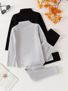 SHEIN 4件組女童極簡休閒寬鬆黑白抓絨長袖上衣與長褲睡衣套裝，秋冬家庭校園灰色 - 彩色 - 查看 2