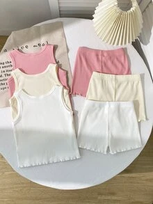 6pcs/Set Autumn/Winter Girls Toddler Ribbed Knit Round Neck Tank Top And Shorts Set, White Pink Apricot Multi-Color Casual Base Layer Underwear - Multicolor - View 3