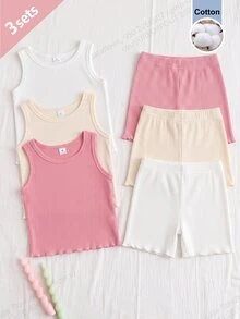 6pcs/Set Autumn/Winter Girls Toddler Ribbed Knit Round Neck Tank Top And Shorts Set, White Pink Apricot Multi-Color Casual Base Layer Underwear - Multicolor - View 7