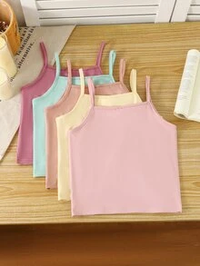 SHEIN 5pcs Atasan Tank Top Kasual Nyaman dengan Tali Bahu Tipis, Bahan Sutra Susu Putih, untuk Anak Perempuan, Desain Pita, Cocok untuk Dipadukan di Musim Gugur - MultiWarna - View 3