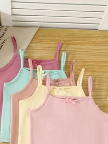 SHEIN 5pcs Atasan Tank Top Kasual Nyaman dengan Tali Bahu Tipis, Bahan Sutra Susu Putih, untuk Anak Perempuan, Desain Pita, Cocok untuk Dipadukan di Musim Gugur - MultiWarna - View 8