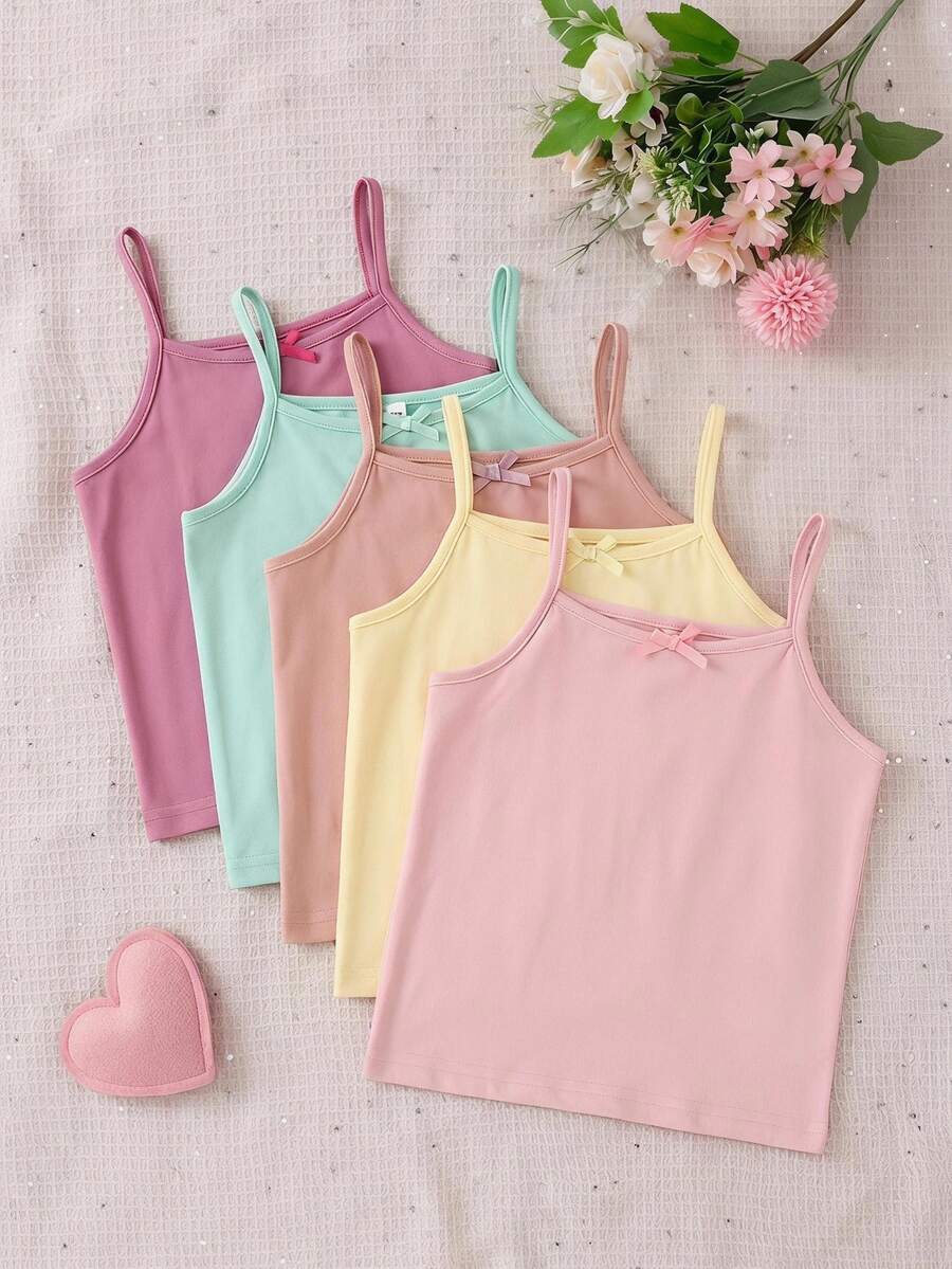 SHEIN 5pcs Atasan Tank Top Kasual Nyaman dengan Tali Bahu Tipis, Bahan Sutra Susu Putih, untuk Anak Perempuan, Desain Pita, Cocok untuk Dipadukan di Musim Gugur