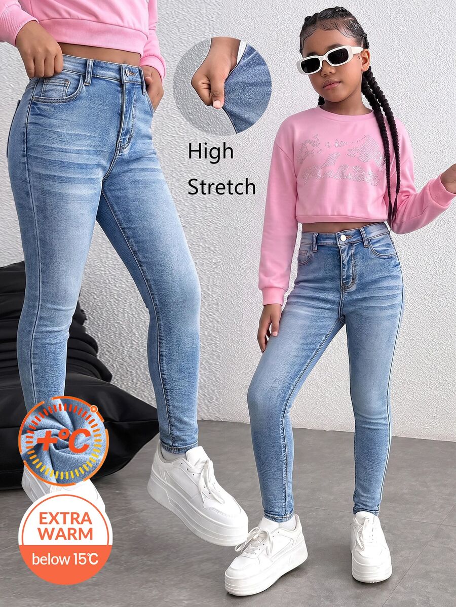Tween Girl Winter Blue Denim Brushed-Cotton Base Warm And Stretchy Tight Jeans For Black To School - Blue - View 1