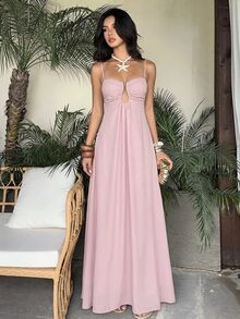 Aloruh Gaun A-Line Chiffon Hijau Baru untuk Liburan Musim Semi/Panas Wanita, Cocok untuk Liburan, Pantai, Kencan - Berwarna merah muda - View 1