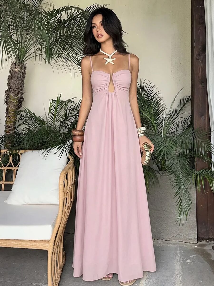 Aloruh Gaun A-Line Chiffon Hijau Baru untuk Liburan Musim Semi/Panas Wanita, Cocok untuk Liburan, Pantai, Kencan - Berwarna merah muda - View 1