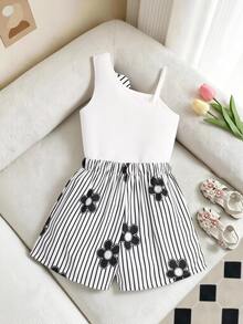 SHEIN Tween Girl 3D Flower Decor T-Shirt And Striped Shorts Casual Everyday Set - Multicolor - View 3