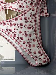SHEIN Swim 春夏新款欧美甜美花卉撞色格纹双面两件式泳衣套装，配有抽绳，高衩丁字裤，黄色碎花撞色滚边加垫聚拢性感比基尼泳衣，适合海滩、泳池、生日派对等场合。格纹比基尼度假比基尼花卉比基尼两件式比基尼 - 彩色 - 查看 6