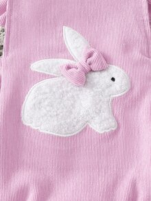 SHEIN Playful Pals 新生女嬰 2件組：荷葉邊肩帶兔子泡泡連身衣 + 蝴蝶結髮帶，柔軟透氣，適合拍照與日常穿著 - 淡紫色 - 查看 5