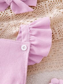 SHEIN Playful Pals 新生女嬰 2件組：荷葉邊肩帶兔子泡泡連身衣 + 蝴蝶結髮帶，柔軟透氣，適合拍照與日常穿著 - 淡紫色 - 查看 7