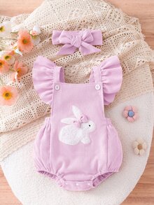 SHEIN Playful Pals 新生女嬰 2件組：荷葉邊肩帶兔子泡泡連身衣 + 蝴蝶結髮帶，柔軟透氣，適合拍照與日常穿著 - 淡紫色 - 查看 3