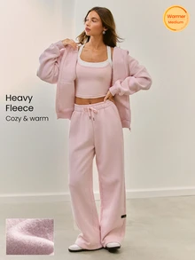 GLOWMODE Heavyweight Fleece Oversized Fit Adjustable Drawstring Waist Basic Wide Leg Joggers With Side Pockets Casual Thermal Warm Valentine's Day - Pink - View 1