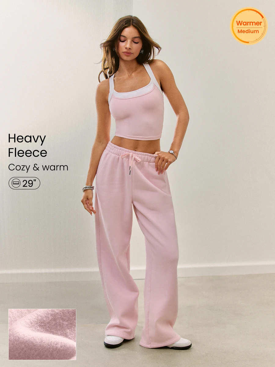 GLOWMODE Heavyweight Fleece Oversized Fit Adjustable Drawstring Waist Basic Wide Leg Joggers With Side Pockets Casual Thermal Warm Valentine's Day - Pink - View 1