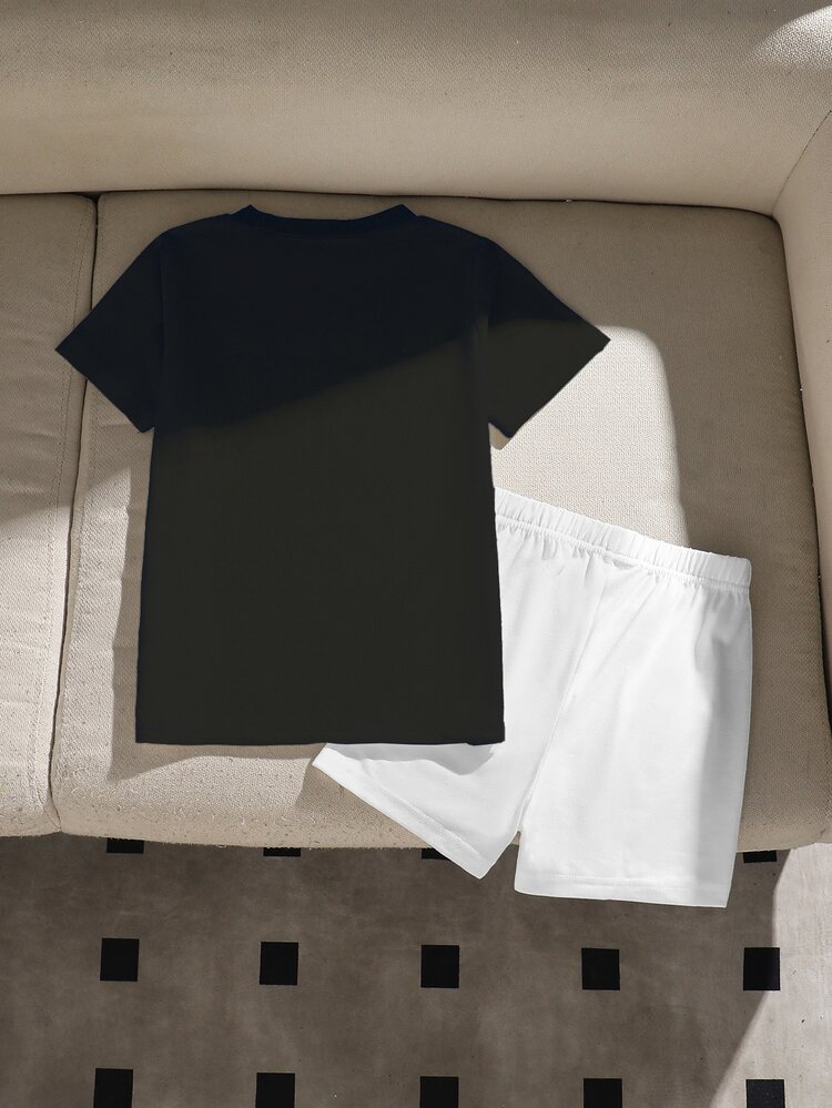 2pcs/Set Streetwear Hip-Hop English Slogan Graphic Print Gothic Font Black & White Digital Print Boys Fashion Versatile Comfortable Crew Neck T-Shirt White Print Shorts Short Sleeve Top & Shorts Set Suitable For All Seasons - Multicolor - View 4
