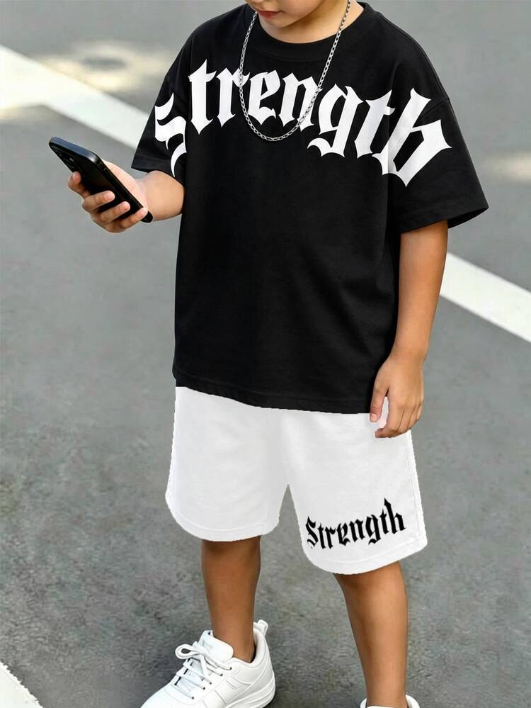 2pcs/Set Streetwear Hip-Hop English Slogan Graphic Print Gothic Font Black & White Digital Print Boys Fashion Versatile Comfortable Crew Neck T-Shirt White Print Shorts Short Sleeve Top & Shorts Set Suitable For All Seasons - Multicolor - View 2