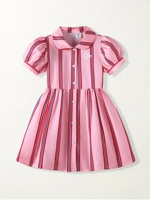 SHEIN Casuvi Kids 女童休閒時尚學院風圖案刺繡條紋泡泡短袖襯衫洋裝，適合春夏季外出、戶外、上學及日常穿著 - 粉色 - 查看 7
