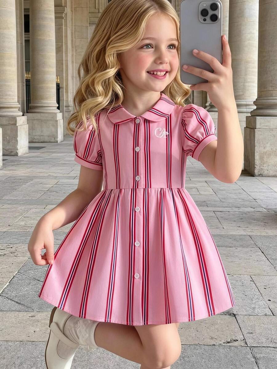 SHEIN Casuvi Kids 女童休閒時尚學院風圖案刺繡條紋泡泡短袖襯衫洋裝，適合春夏季外出、戶外、上學及日常穿著