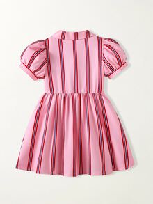 SHEIN Casuvi Kids 女童休閒時尚學院風圖案刺繡條紋泡泡短袖襯衫洋裝，適合春夏季外出、戶外、上學及日常穿著 - 粉色 - 查看 3
