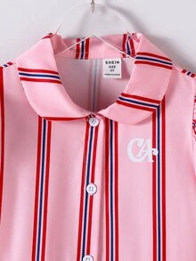 SHEIN Casuvi Kids 女童休閒時尚學院風圖案刺繡條紋泡泡短袖襯衫洋裝，適合春夏季外出、戶外、上學及日常穿著 - 粉色 - 查看 4