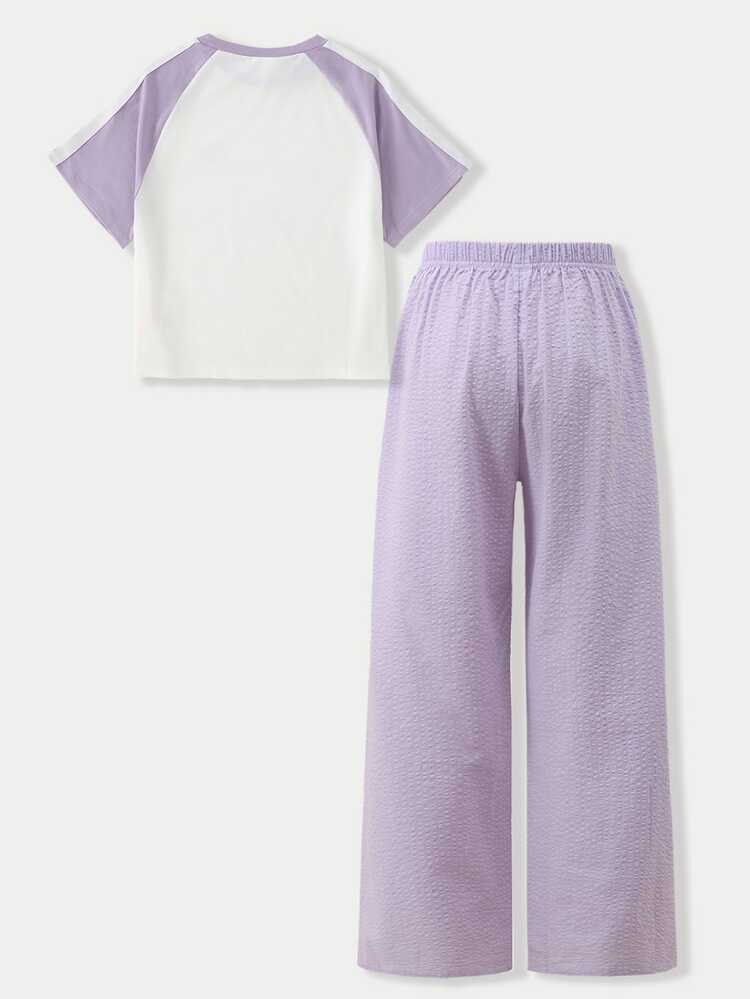 SHEIN Casuvi Kids Tween Girls T-Shirt Set, Sporty Style Pink And Dark Green Color Block Short Sleeve T-Shirt And Shorts Set, Summer Loose Fit Snug Fit Design, Lightweight Fabric, Suitable For Daily Outings, Casual Sports Or Styling - Purple - View 2