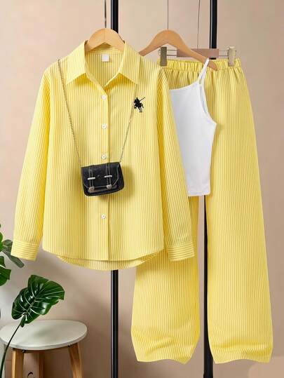 SHEIN 3 PiecesTeenage Outfit: Yellow Striped Shirt, White Printed Top, And Loose Yellow Striped Pants, Casual Commuting Wear Autumn Birthday Beach