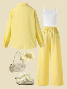 SHEIN 3 PiecesTeenage Outfit: Yellow Striped Shirt, White Printed Top, And Loose Yellow Striped Pants, Casual Commuting Wear Autumn Birthday Beach - Multicolor - View 2