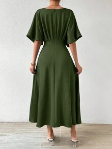 RosyDaze 女士 V 领收腰蝙蝠袖短袖连衣裙长款女装 - 軍綠色 - 查看 2