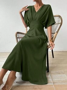 RosyDaze 女士 V 领收腰蝙蝠袖短袖连衣裙长款女装 - 軍綠色 - 查看 3