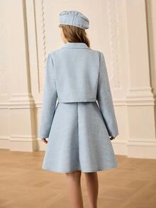 Tween女孩長袖抓絨秋季套裝，優雅時尚風格，包含優雅翻領肩部短夾克、圓領無袖收腰洋裝及配套... - 藍色 - 查看 3