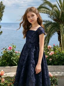 SHEIN Girls' Navy Blue Chiffon Cut-Out 3D Floral Pattern Dress, Elegant Elegant Long Dress With Side Design, Fashionable Spring/Summer Dress For Vacation, Graduation, Back To School, Wedding Season, Formal Parties And Events - Navy Blue - View 4