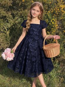 SHEIN Girls' Navy Blue Chiffon Cut-Out 3D Floral Pattern Dress, Elegant Elegant Long Dress With Side Design, Fashionable Spring/Summer Dress For Vacation, Graduation, Back To School, Wedding Season, Formal Parties And Events - Navy Blue - View 3