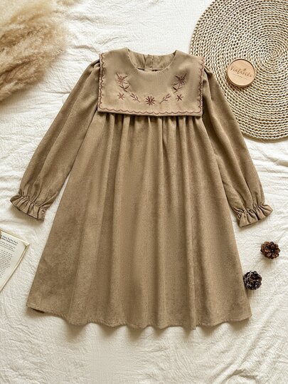 SHEIN Girls'Khaki Artistic Long Sleeve Pullover Dress,Embroidered Neckline,A-Line Silhouette,Brown Floral,Autumn,Vintage,Family Matching Birthday Parties