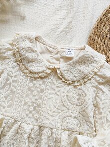 SHEIN 女嬰可愛優雅高貴花卉刺繡領口洋裝，適合晚宴、生日派對、婚禮，米白色秋季婚禮款 - 杏色 - 查看 6