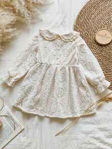 SHEIN 女嬰可愛優雅高貴花卉刺繡領口洋裝，適合晚宴、生日派對、婚禮，米白色秋季婚禮款 - 杏色 - 查看 3
