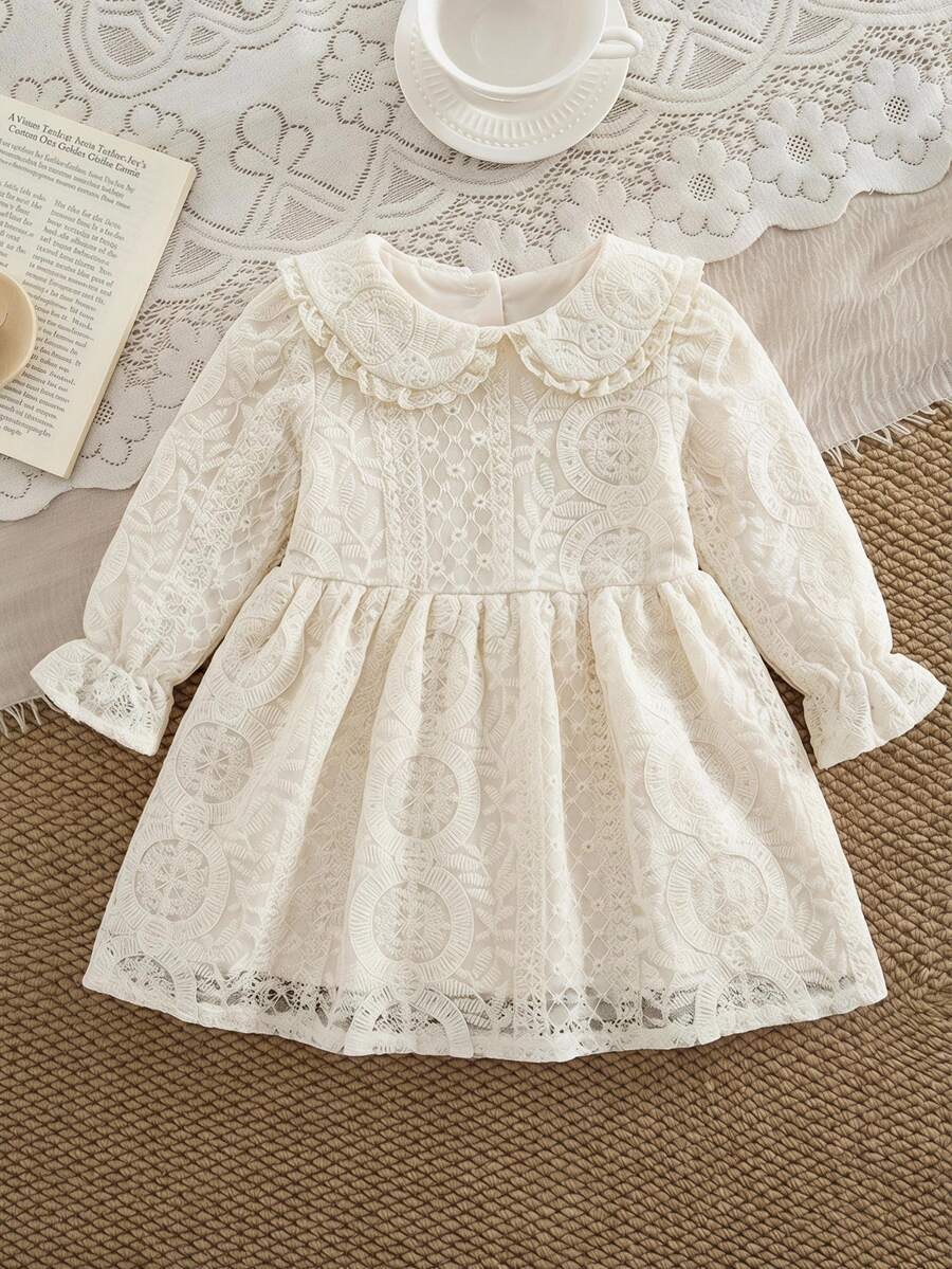 SHEIN 女嬰可愛優雅高貴花卉刺繡領口洋裝，適合晚宴、生日派對、婚禮，米白色秋季婚禮款
