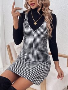 Louniche Houndstooth Print Dual Pocket Overall Dress Without Sweater - Black and White - View 1