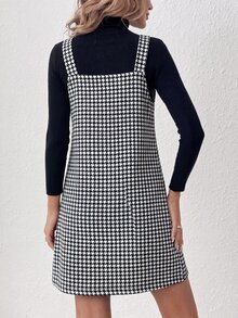 Louniche Houndstooth Print Dual Pocket Overall Dress Without Sweater - Black and White - View 2