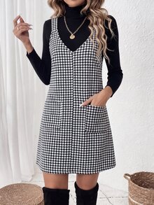 Louniche Houndstooth Print Dual Pocket Overall Dress Without Sweater - Black and White - View 6