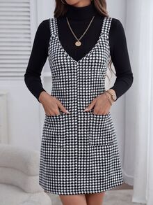 Louniche Houndstooth Print Dual Pocket Overall Dress Without Sweater - Black and White - View 4
