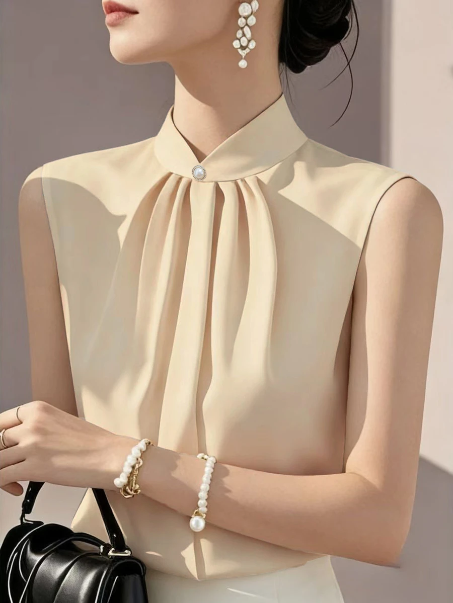 SHEIN Women's Solid Color Mandarin Collar Pleated Sleeveless Shirt, Fashionable And Versatile For Commuting And Outings - Champagne - View 1